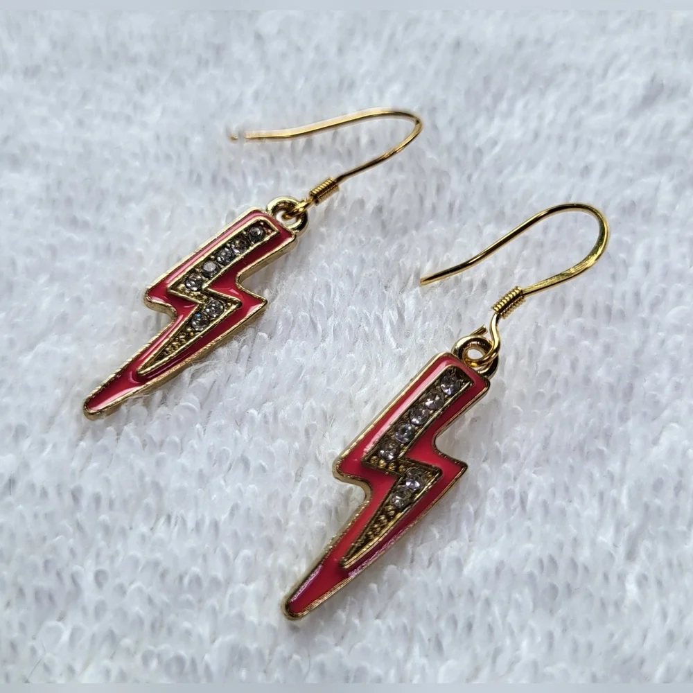 Hot Pink and Rhinestone Lightning Bolt Statement Dangle Earrings / Pierced